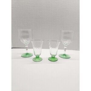 Vintage Green Depression Glass Stemware Set Of 4 Optic Wine and Juice Glasses